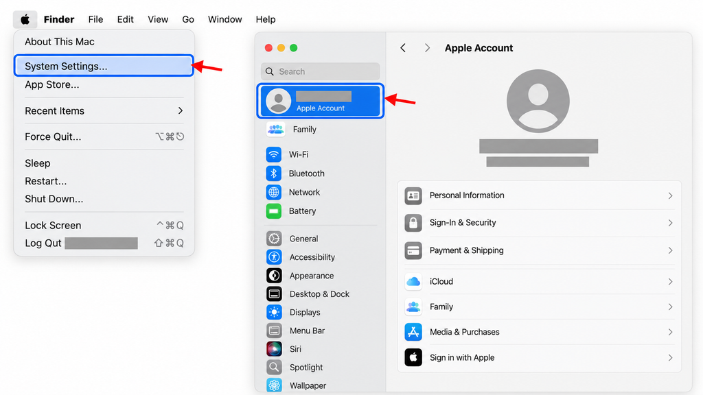 Opening System Settings from the Apple menu and selecting your Apple Account profile on Mac.