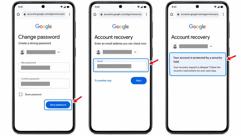 Possible Google Account recovery results: continuing, providing more information, or following instructions during a security hold.