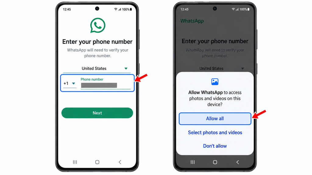 Registering the same WhatsApp number and allowing requested access.