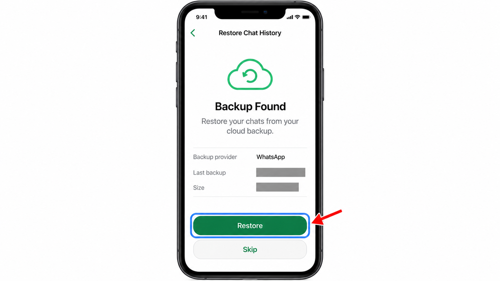 Restoring an available WhatsApp cloud backup.