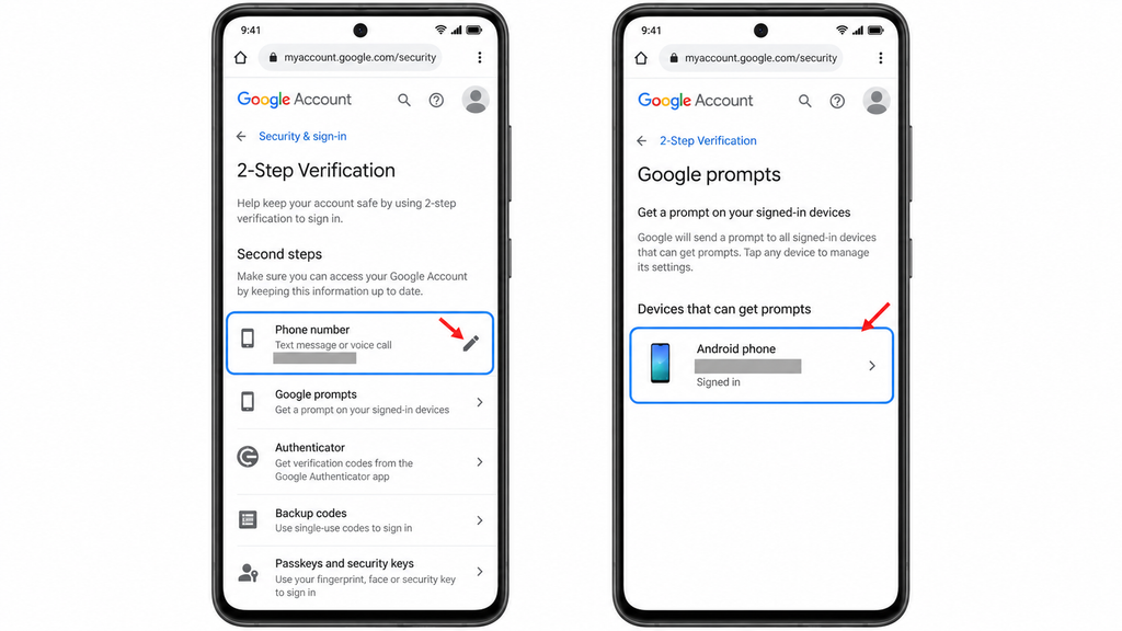 Reviewing Google 2-Step Verification to update an old phone number and check an available Google prompts device, with personal details hidden.