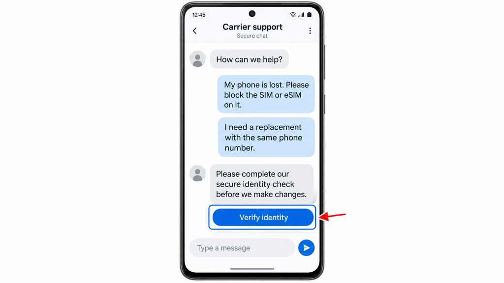 Sample carrier support chat requesting a SIM or eSIM block and replacement with the same number, with Verify identity highlighted.