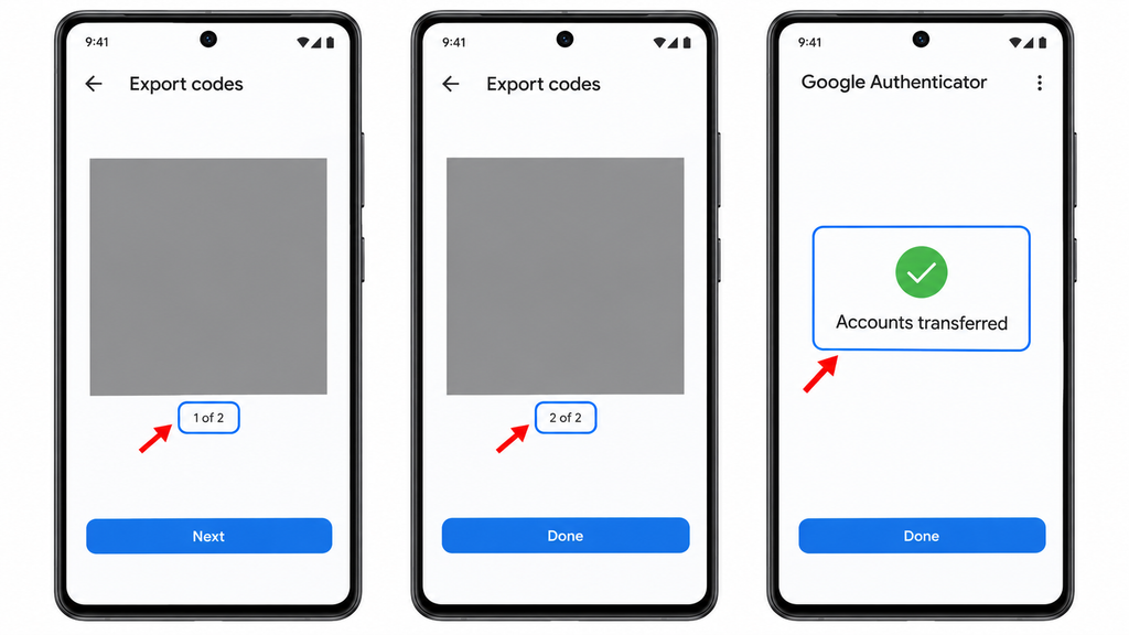 Scanning every Authenticator QR code in the batch and checking the transfer confirmation.