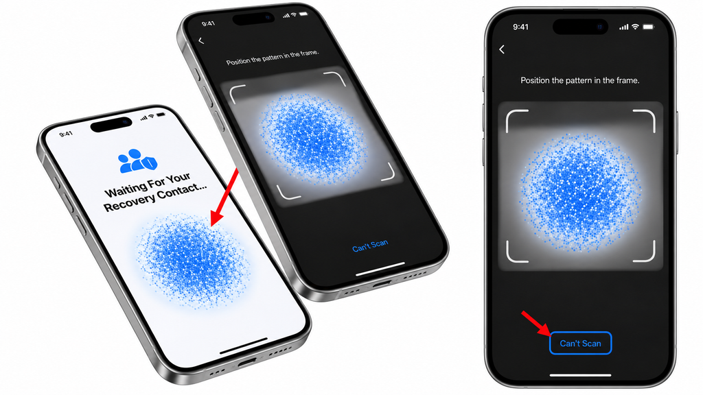 Scanning the recovery animation with a nearby iPhone or choosing Can’t Scan for verification instructions.