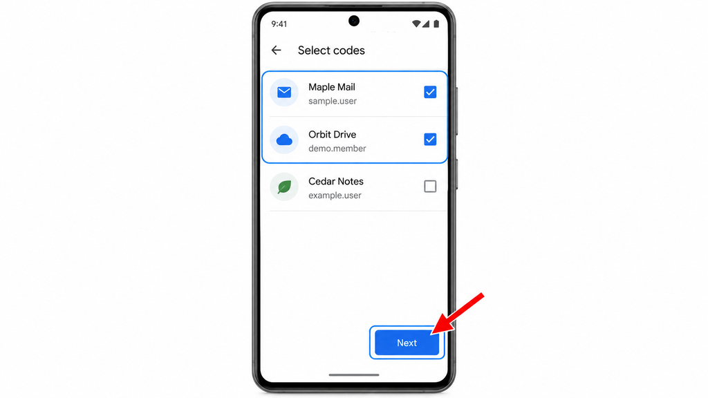 Selecting Authenticator accounts to copy and tapping Next on the old phone.