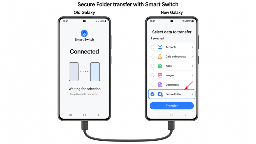 Selecting Secure Folder for transfer to a new Galaxy device using Samsung Smart Switch.