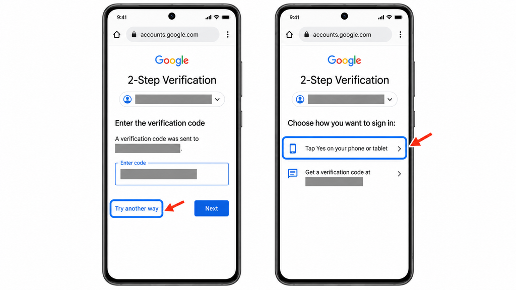 Selecting Try another way and choosing a Google phone prompt when offered.
