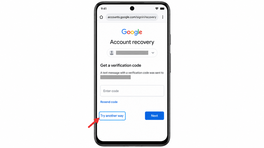 Selecting Try another way during Google Account recovery when the SMS number is unavailable.