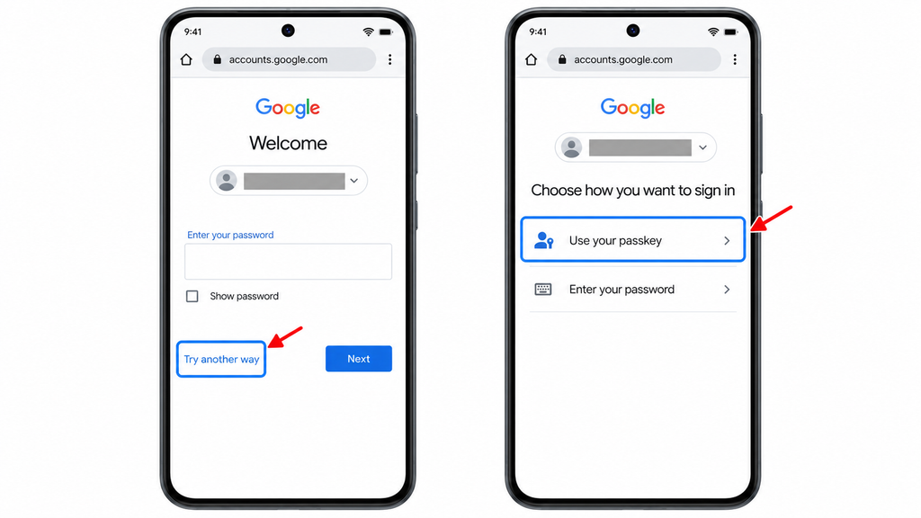 Selecting Try another way, then Use your passkey, during Google sign-in when offered.