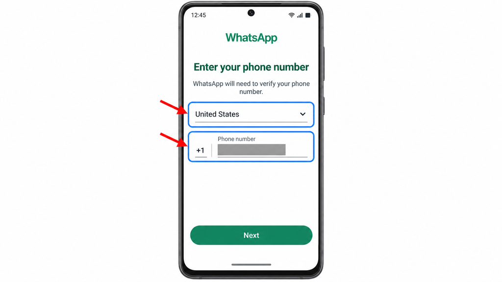 Selecting United States (+1) and entering your existing number in WhatsApp, with the phone number hidden.