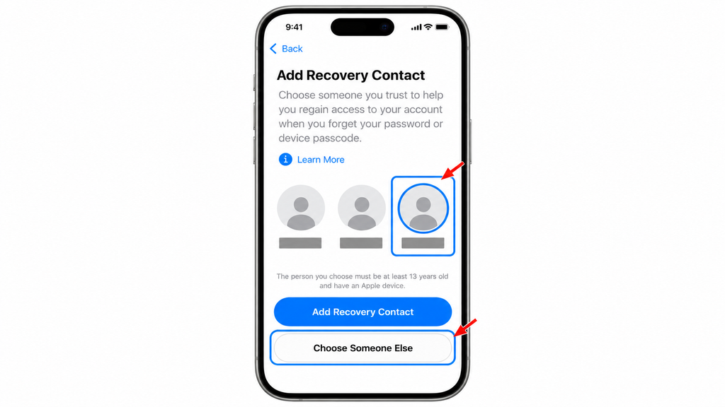 Selecting a suggested recovery contact or choosing someone else on iPhone.
