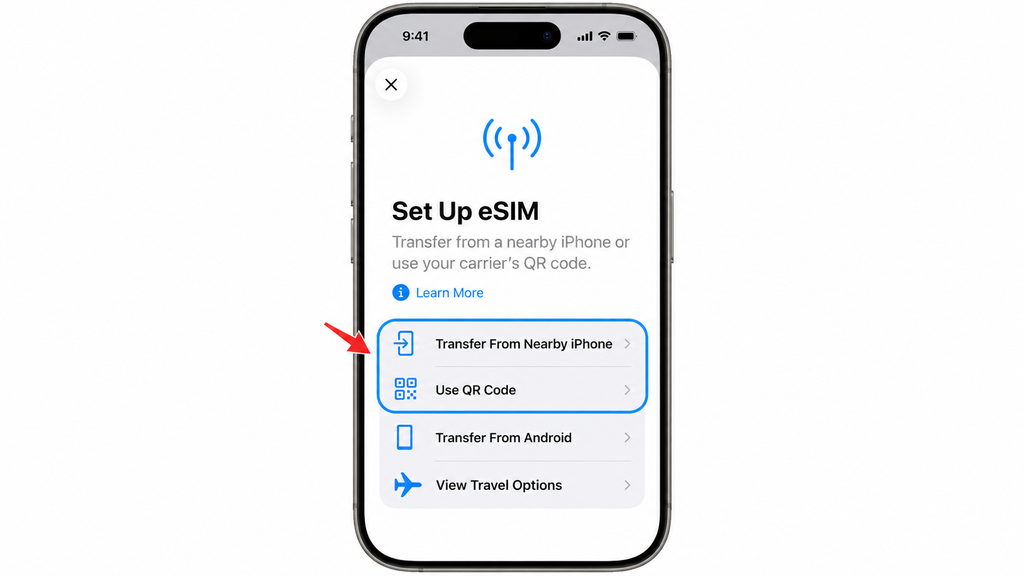 Selecting an eSIM activation method on iPhone.