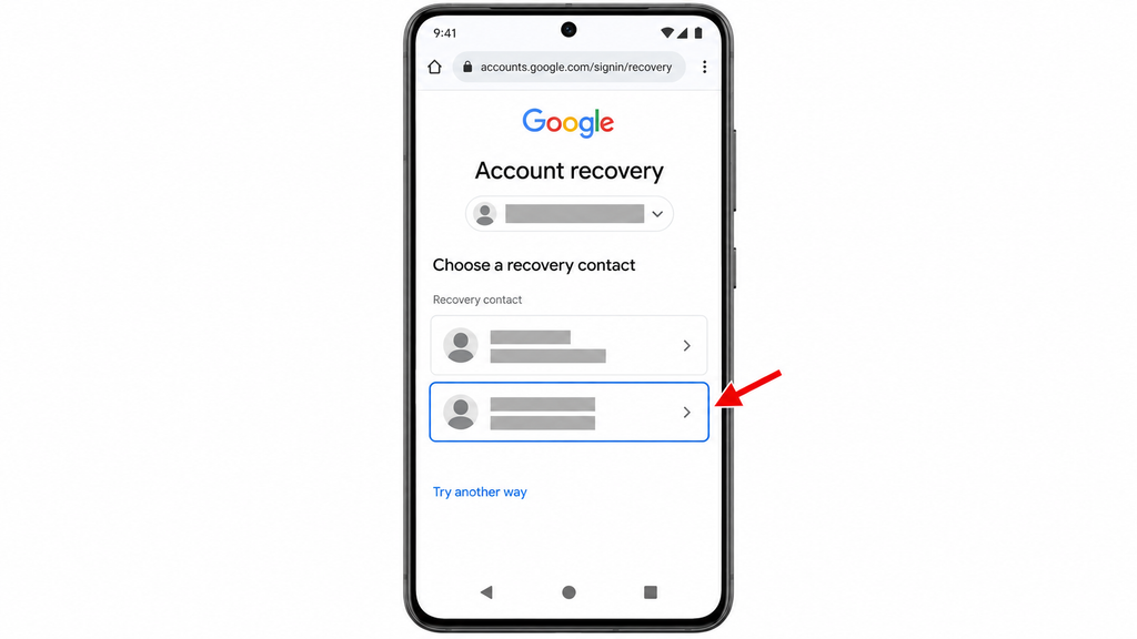 Selecting an existing Google recovery contact when offered, with names and contact details hidden.