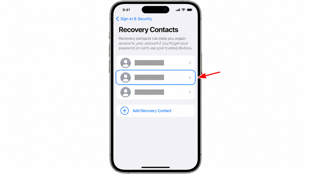 Selecting the person you want to remove from Recovery Contacts on iPhone.