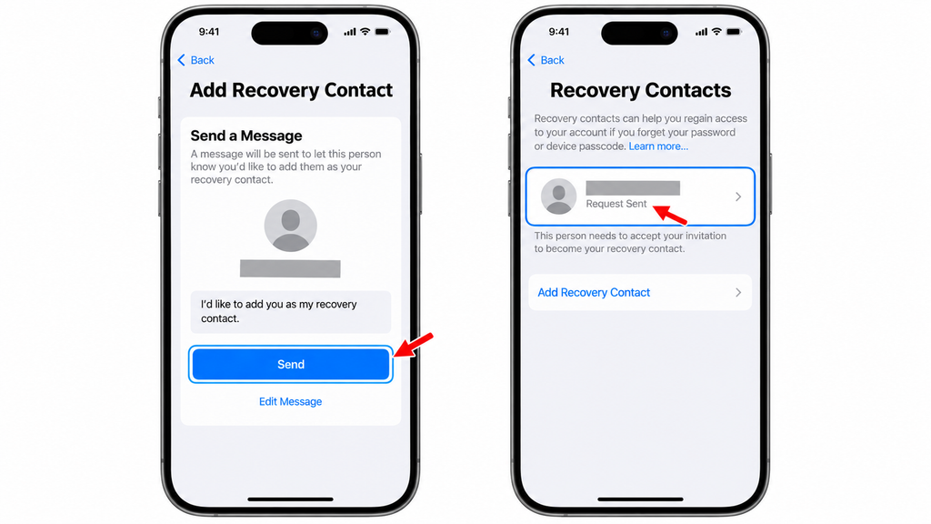 Sending a recovery contact request and checking its status in iPhone settings.