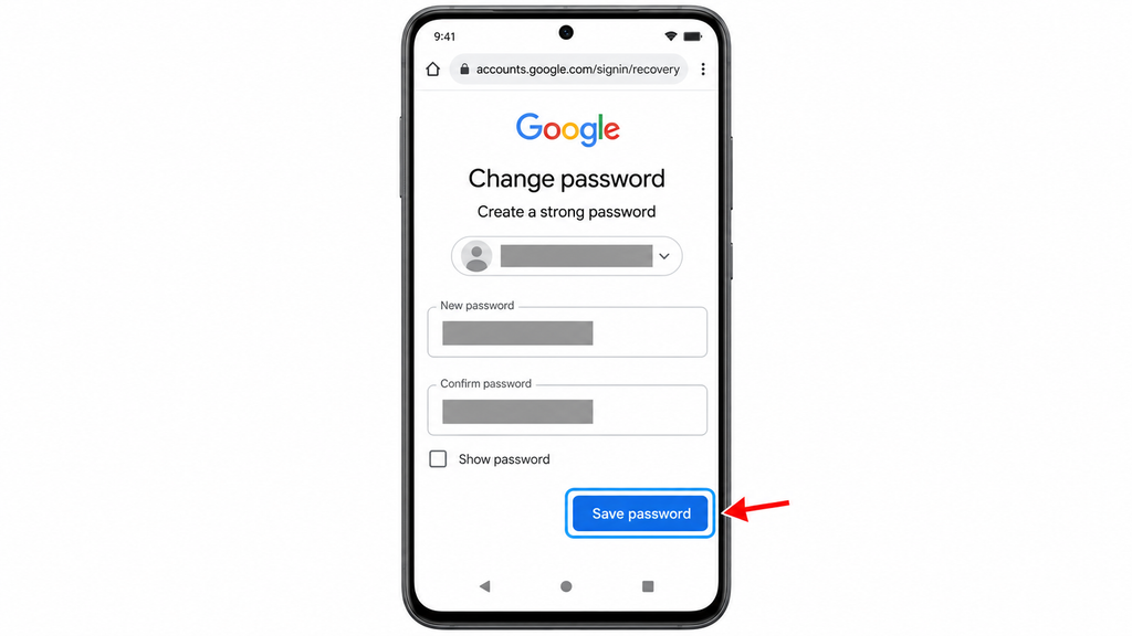 Setting a strong, previously unused password during Google Account recovery, with passwords hidden and Save password highlighted.