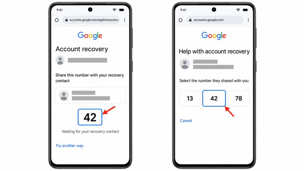 Sharing a sample Google recovery-contact number and selecting the matching number on the trusted contact’s device.