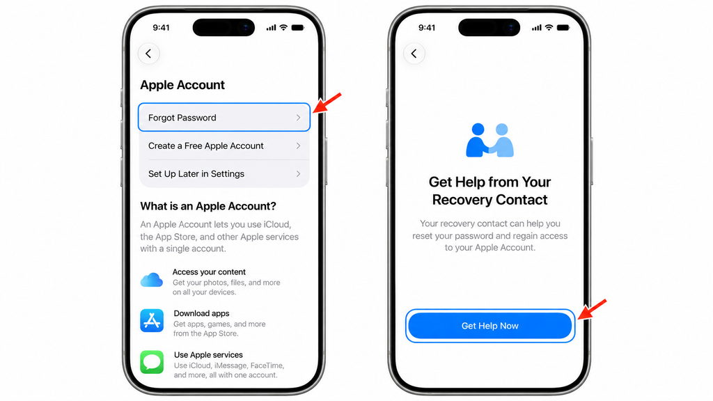 Starting Apple Account password recovery and requesting help from a recovery contact.
