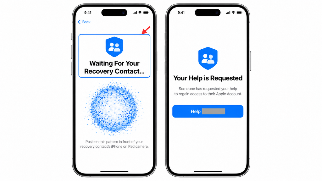 Starting Apple Account recovery with the designated recovery contact’s iPhone nearby.