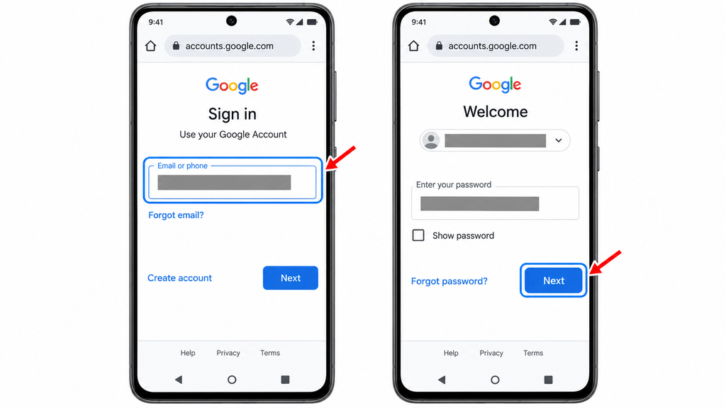 Starting Google Account sign-in by entering an email and continuing through the password prompt.