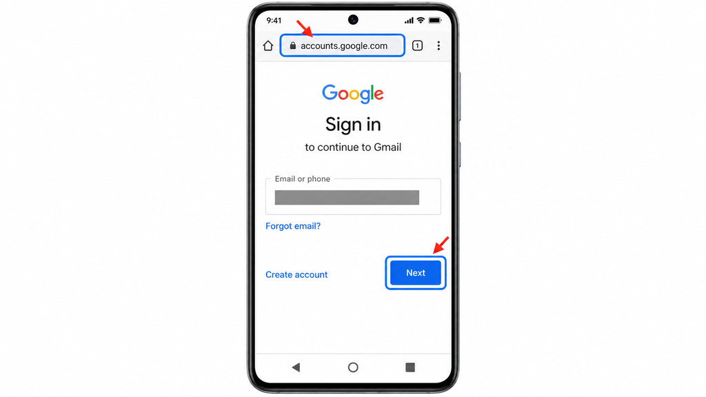 Starting a Gmail sign-in on Google’s official website.