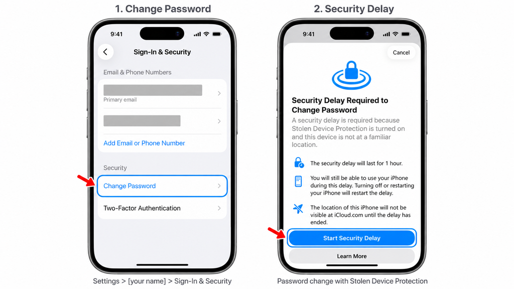 Starting an Apple Account password change that requires a security delay.