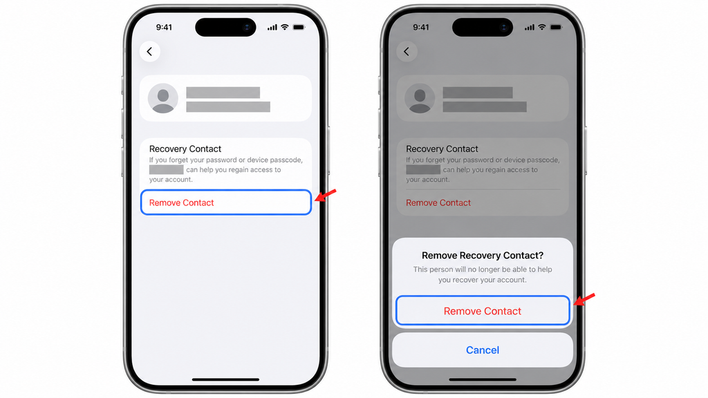 Tapping Remove Contact and confirming removal of an Apple Account recovery contact on iPhone.