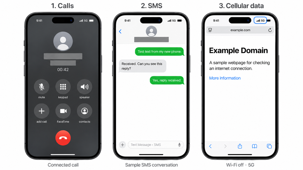 Testing calls, SMS texts, and cellular data after activating an iPhone.