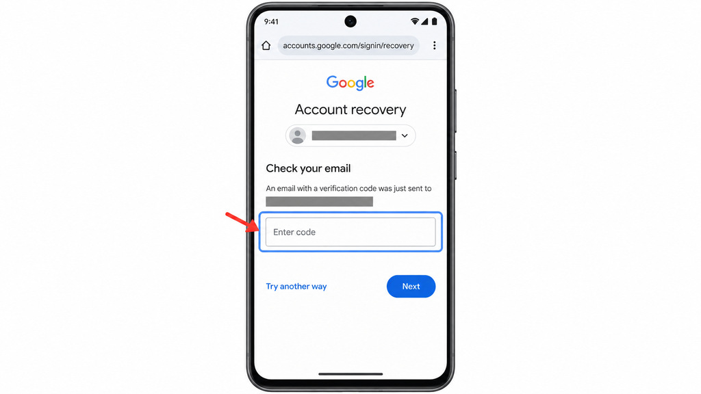 Verifying Google Account ownership with a recovery-email code when offered, with email addresses hidden.