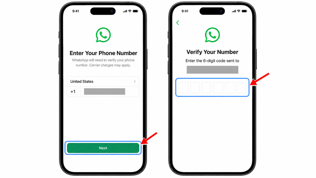 Verifying an existing phone number in WhatsApp.