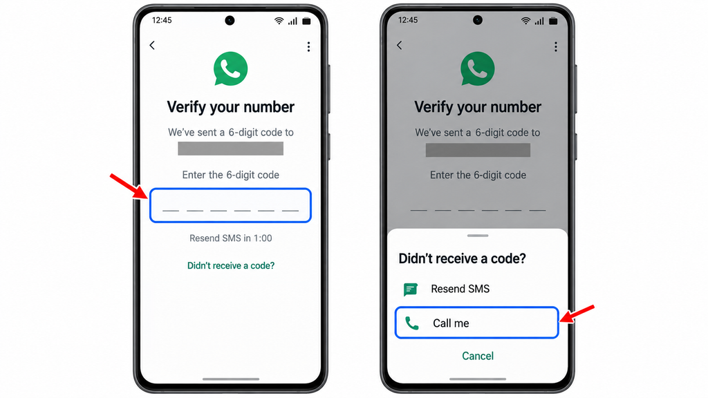 WhatsApp registration code entry with a sample retry timer and SMS or Call me options when available.